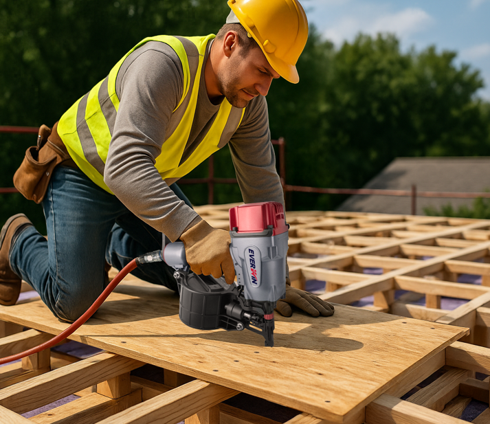 A worker operating a coil-fed decking and sheathing nail gun on a roof frame to secure sheathing to the wooden base.