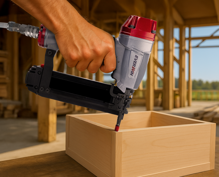 A woodworker using brad nailers to assemble a fine wooden box, ideal for small projects requiring hidden fasteners.