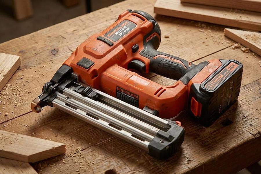 A cordless brushless motor nail gun resting on a wooden workbench with sawdust and wood scraps.