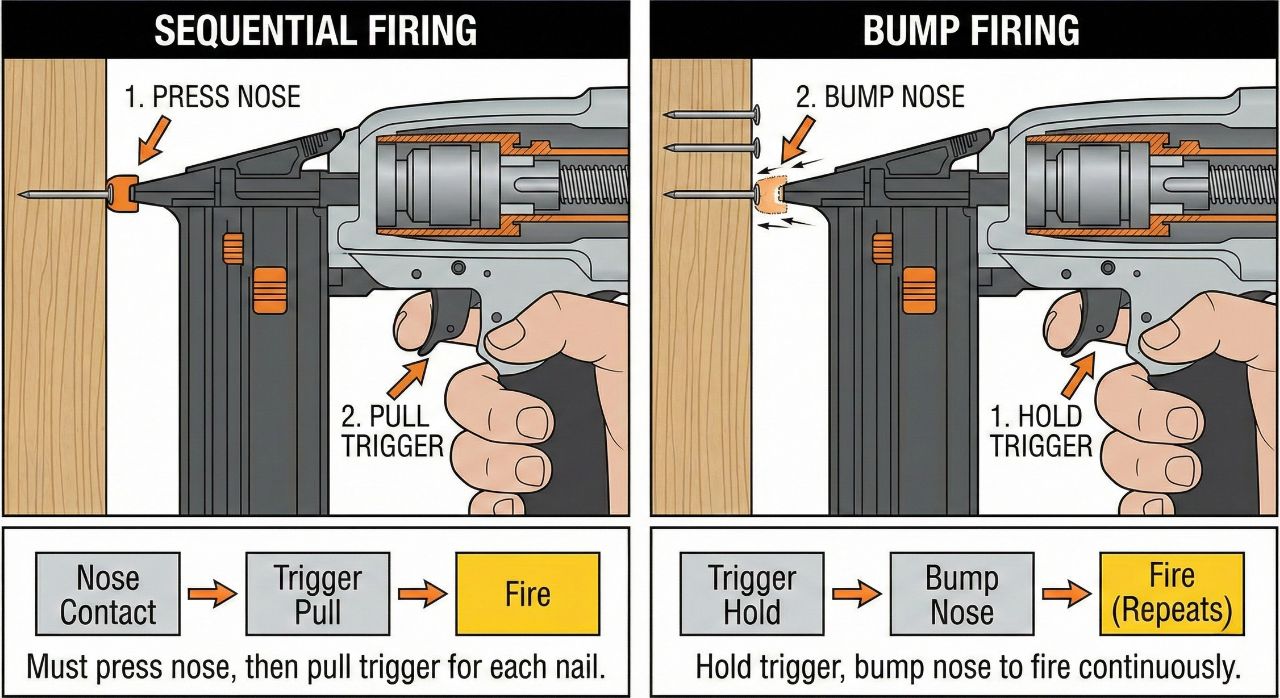An educational diagram comparing sequential firing and bump firing modes of a nail gun, illustrating the specific steps for nose contact and trigger pull for each method.